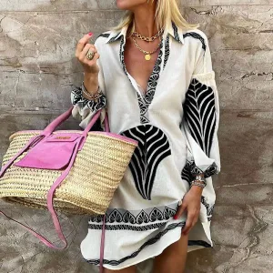 Women Boho Casual Long Sleeve V-Neck Midi Dress Loose Fit Geometric Pattern Vacation Shirt Dress