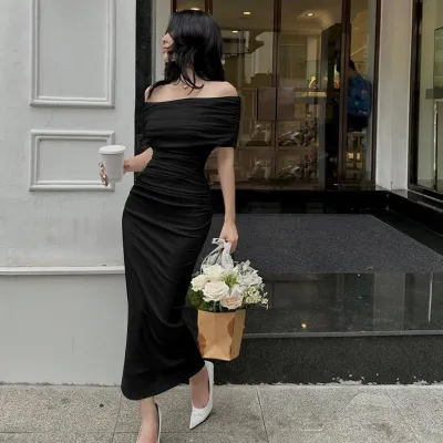 Women Off Shoulder Pleated Split Maxi Dress