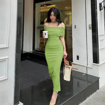 Women Off Shoulder Pleated Split Maxi Dress