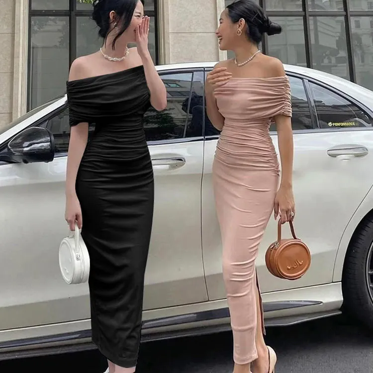Women Off Shoulder Pleated Split Maxi Dress