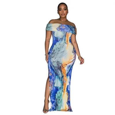Women Off-Shoulder Sexy High Split Tie Dye Print Maxi Dress