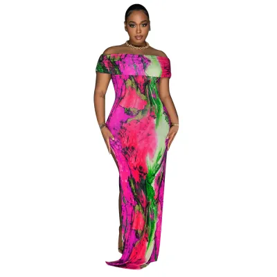 Women Off-Shoulder Sexy High Split Tie Dye Print Maxi Dress