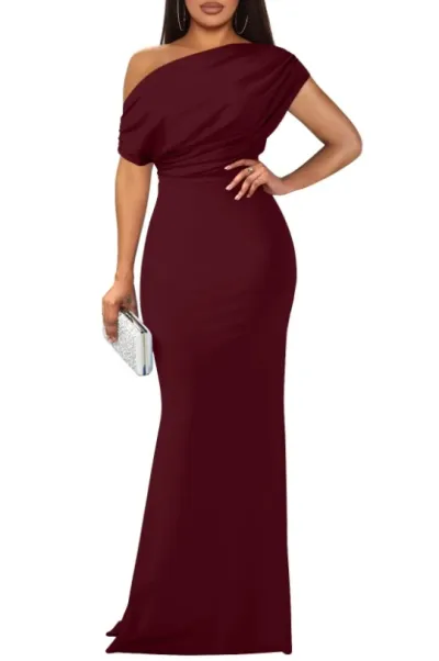 Women Solid Color Spring Elegant Off Shoulder Tight Long Formal Party Dress