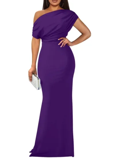 Women Solid Color Spring Elegant Off Shoulder Tight Long Formal Party Dress