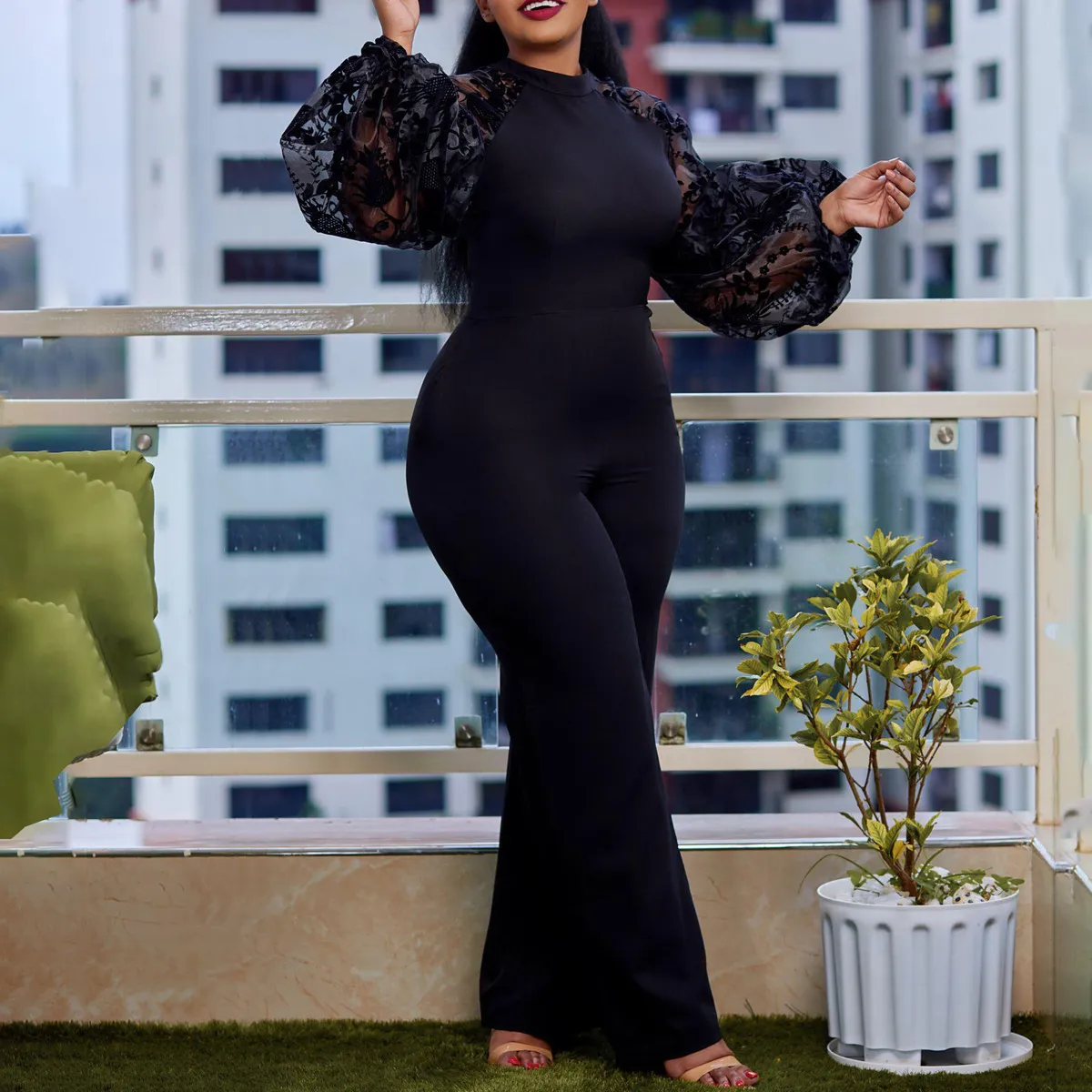 Women Elegant Mesh Puff-Sleeved Wide-Leg Jumpsuits