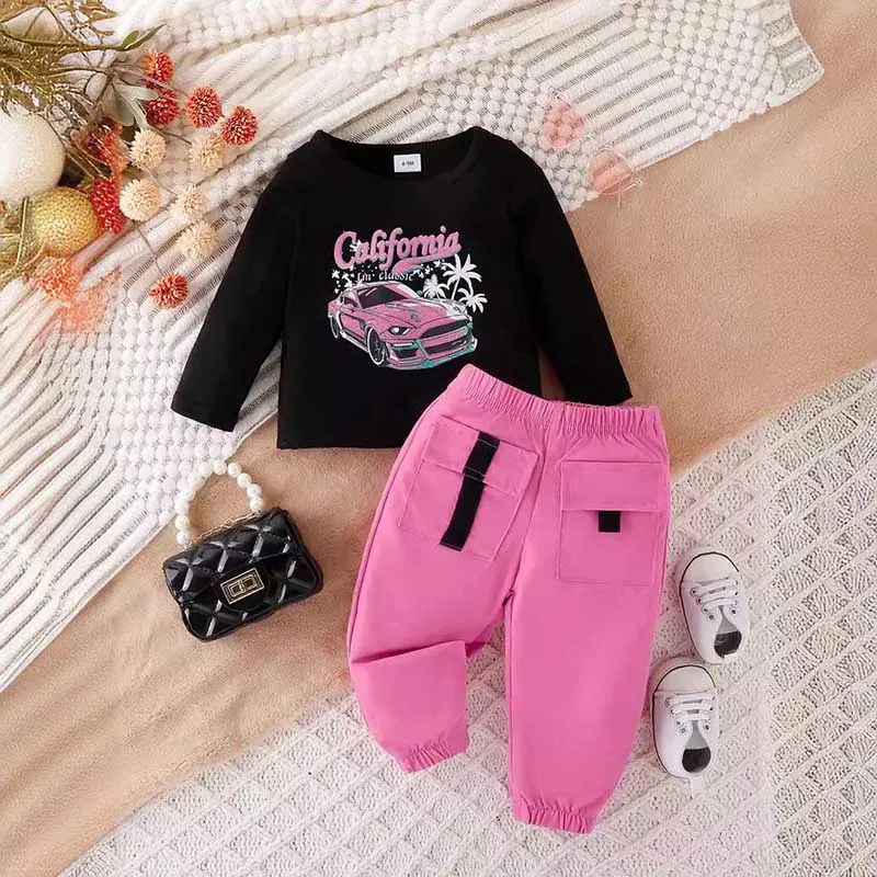 Kids Baby Girls Casual Car Alphabet Print Long Sleeve T-Shirt and Shorts Set
