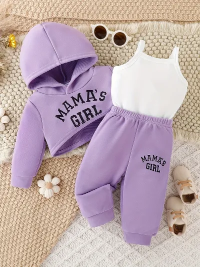 Kids Baby Girls Autumn Winter Casual Alphabet Print Long Sleeve Cropped Hoodie Camisole Trousers Three Piece Set