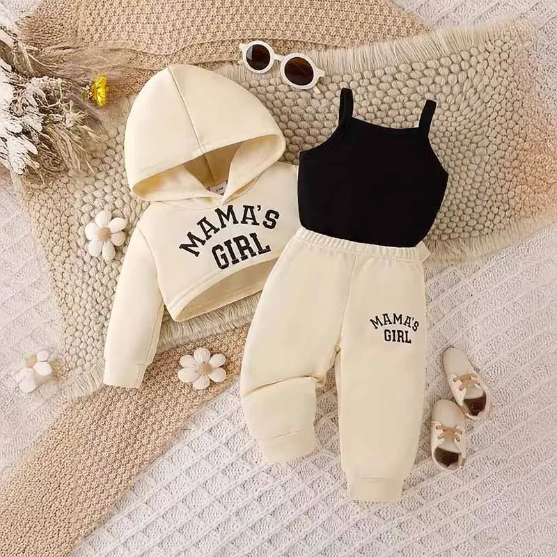 Kids Baby Girls Autumn Winter Casual Alphabet Print Long Sleeve Cropped Hoodie Camisole Trousers Three Piece Set