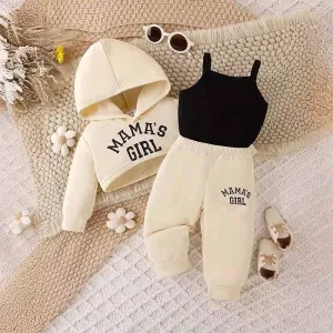 Kids Baby Girls Autumn Winter Casual Alphabet Print Long Sleeve Cropped Hoodie Camisole Trousers Three Piece Set