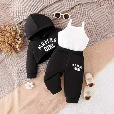 Kids Baby Girls Autumn Winter Casual Alphabet Print Long Sleeve Cropped Hoodie Camisole Trousers Three Piece Set