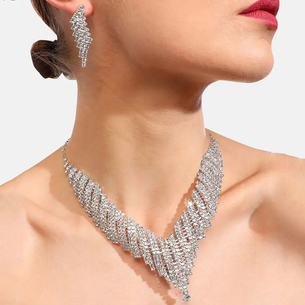 Women Fashion Classic Rhinestone Necklace Earrings Jewelry Set