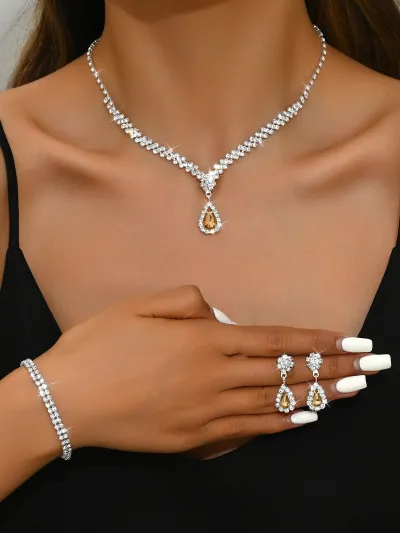 Metal Rhinestone Necklace Earrings Two-Piece Set for Wedding Bridal Party