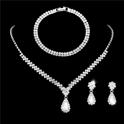 Metal Rhinestone Necklace Earrings Two-Piece Set for Wedding Bridal Party