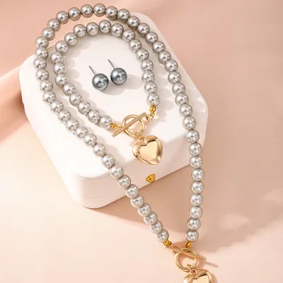 Grey Imitation Pearls Beaded Necklace Bracelet Stud Earrings Set Sweet Cool Wind Alloy