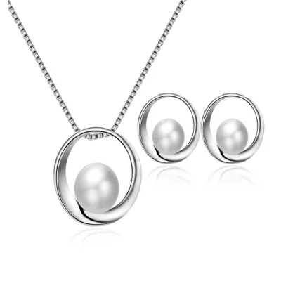 Alloy Plating Imitation Pearl Bride Jewelry Necklace Earrings Set with Snake Chain