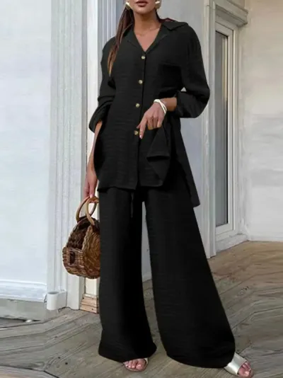 Women Fashion Loose Leopard Print Long-Sleeved Top Wide-Leg Pants Two-Piece Set