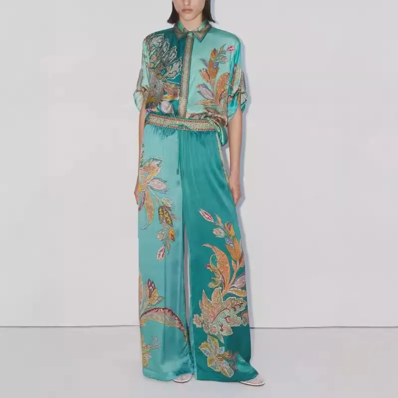 Women Retro Satin Printed Short Sleeve Lapel Shirt Top Wide Leg Pants Two-Piece Set
