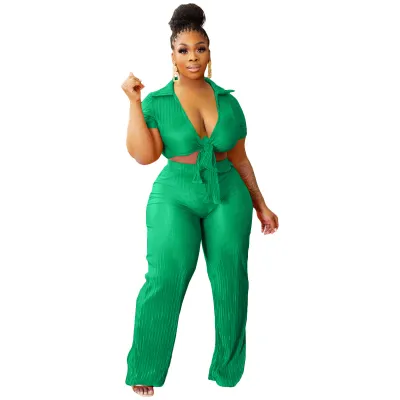 Women Fashion Sexy Lapel Deep V Strap Top Pants Two-Piece Set