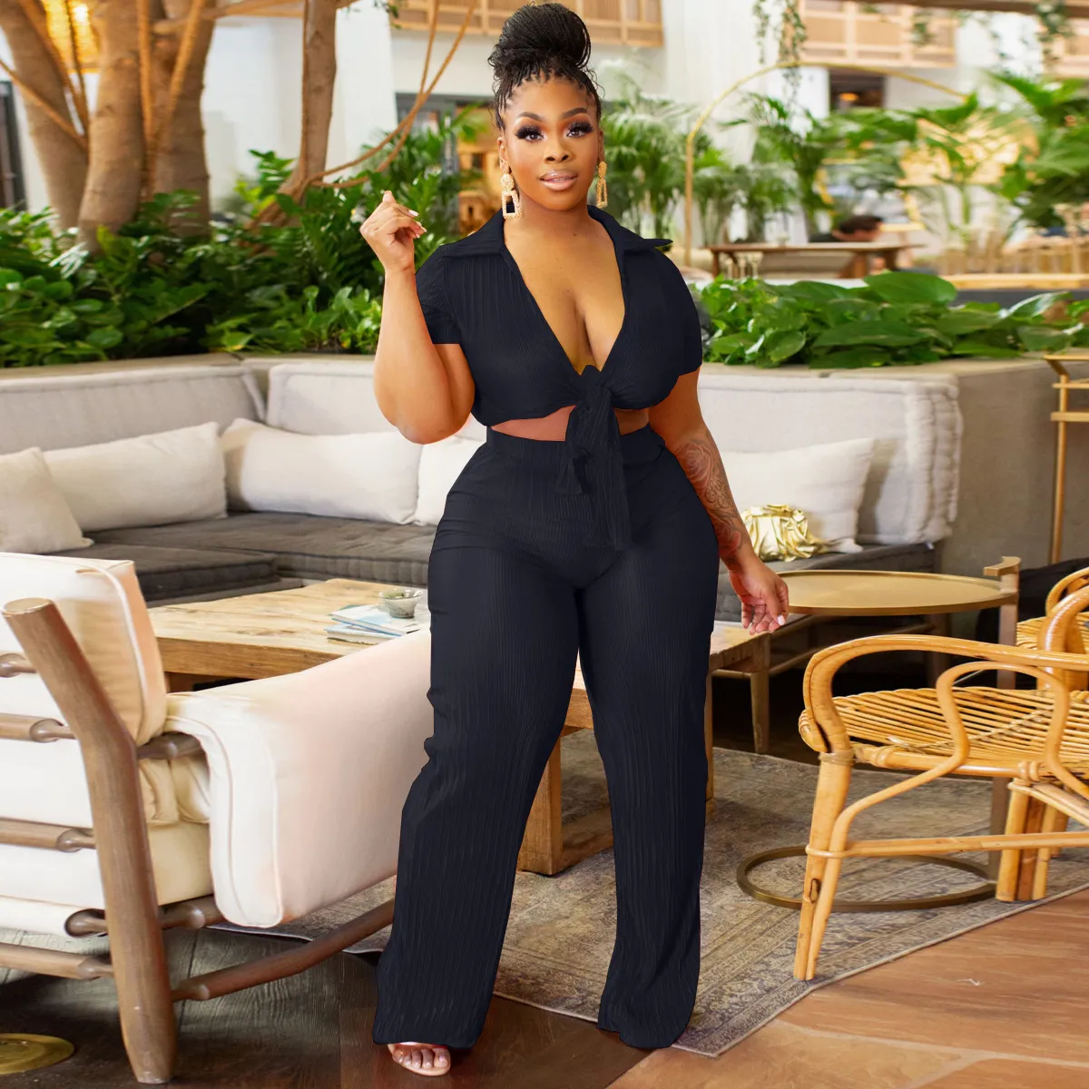 Women Fashion Sexy Lapel Deep V Strap Top Pants Two-Piece Set