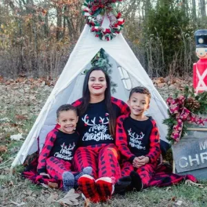 Christmas Deer Print Round Neck Plaid Family Pajamas Set