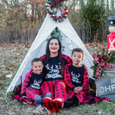 Christmas Deer Print Round Neck Plaid Family Pajamas Set