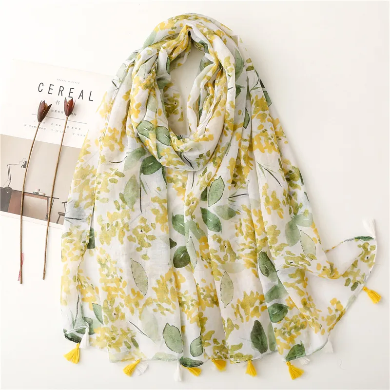 Women's Fashion Cotton Linen Green Bright Yellow Leaf Printed Tassel Long Scarf