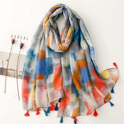 Women's Fashion Cotton Linen Green Bright Yellow Leaf Printed Tassel Long Scarf