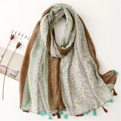Women's Fashion Cotton Linen Green Bright Yellow Leaf Printed Tassel Long Scarf