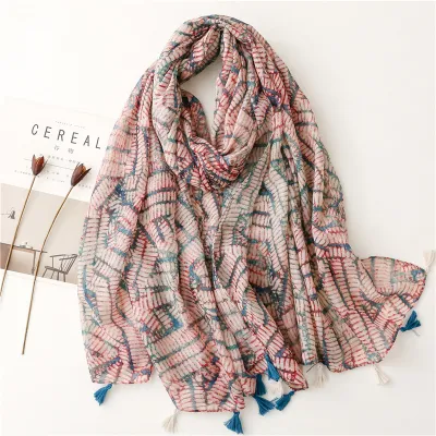Women's Fashion Cotton Linen Green Bright Yellow Leaf Printed Tassel Long Scarf