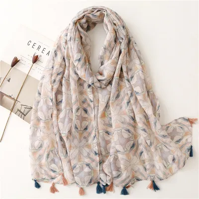 Women's Fashion Cotton Linen Green Bright Yellow Leaf Printed Tassel Long Scarf