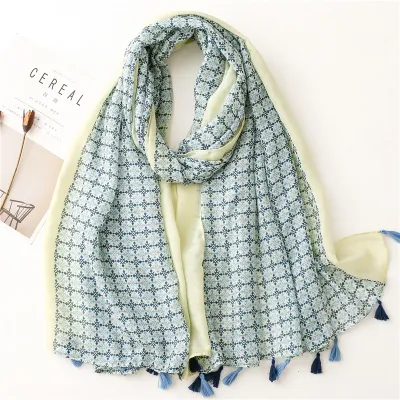 Women's Fashion Cotton Linen Green Bright Yellow Leaf Printed Tassel Long Scarf