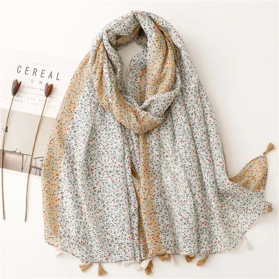Women's Fashion Cotton Linen Green Bright Yellow Leaf Printed Tassel Long Scarf