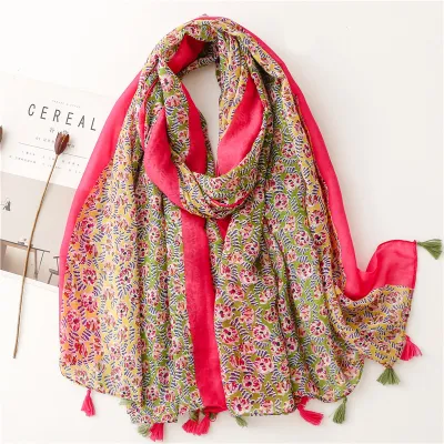 Women's Fashion Cotton Linen Green Bright Yellow Leaf Printed Tassel Long Scarf