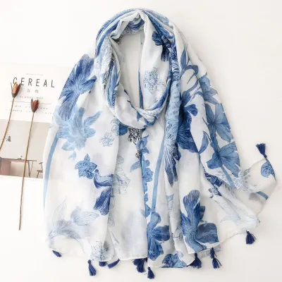 Women's Fashion Cotton Linen Green Bright Yellow Leaf Printed Tassel Long Scarf