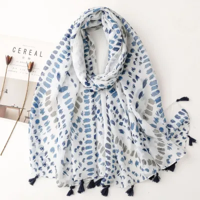 Women's Fashion Cotton Linen Green Bright Yellow Leaf Printed Tassel Long Scarf
