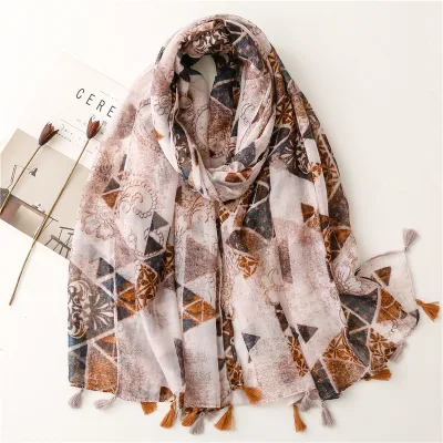 Women's Fashion Cotton Linen Green Bright Yellow Leaf Printed Tassel Long Scarf