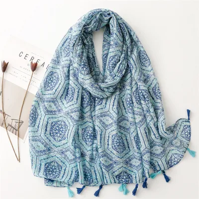 Women's Fashion Cotton Linen Green Bright Yellow Leaf Printed Tassel Long Scarf