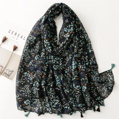 Women's Fashion Cotton Linen Green Bright Yellow Leaf Printed Tassel Long Scarf