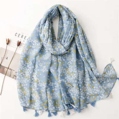 Women's Fashion Cotton Linen Green Bright Yellow Leaf Printed Tassel Long Scarf