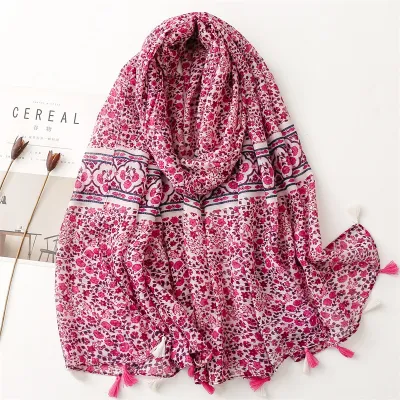 Women's Fashion Cotton Linen Green Bright Yellow Leaf Printed Tassel Long Scarf