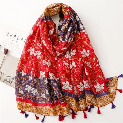 Women's Fashion Cotton Linen Green Bright Yellow Leaf Printed Tassel Long Scarf