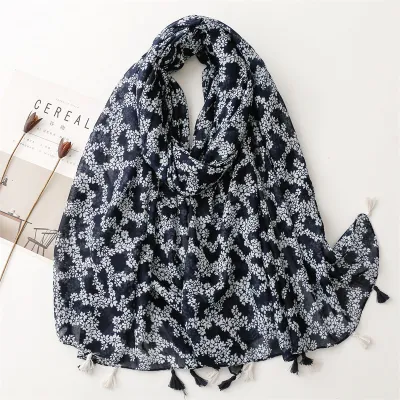 Women's Fashion Cotton Linen Green Bright Yellow Leaf Printed Tassel Long Scarf