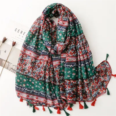 Women's Fashion Cotton Linen Green Bright Yellow Leaf Printed Tassel Long Scarf