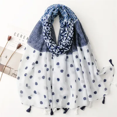Women's Fashion Cotton Linen Green Bright Yellow Leaf Printed Tassel Long Scarf