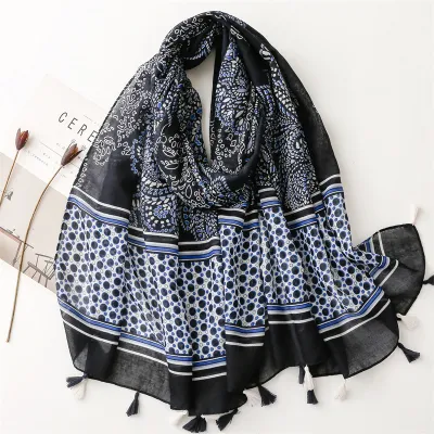 Women's Fashion Cotton Linen Green Bright Yellow Leaf Printed Tassel Long Scarf