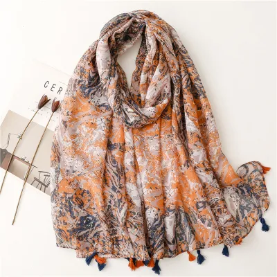 Women's Fashion Cotton Linen Green Bright Yellow Leaf Printed Tassel Long Scarf