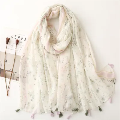 Women's Fashion Cotton Linen Green Bright Yellow Leaf Printed Tassel Long Scarf
