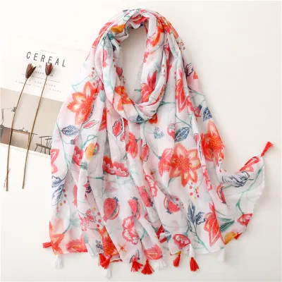 Women's Fashion Cotton Linen Green Bright Yellow Leaf Printed Tassel Long Scarf