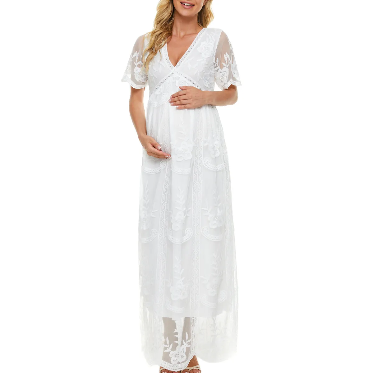 Women Fashion Solid Color Lace Maternity Dress