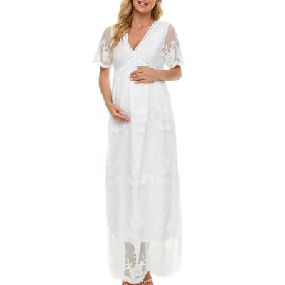 Women Fashion Solid Color Lace Maternity Dress